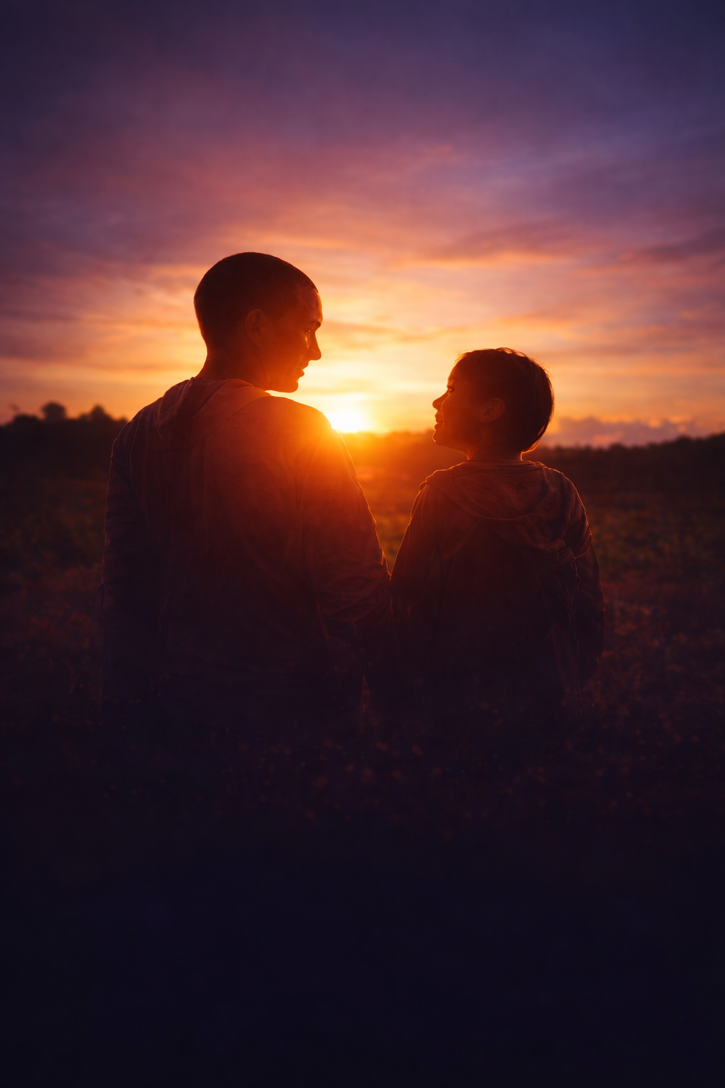 Parent et enfant au coucher du soleil.